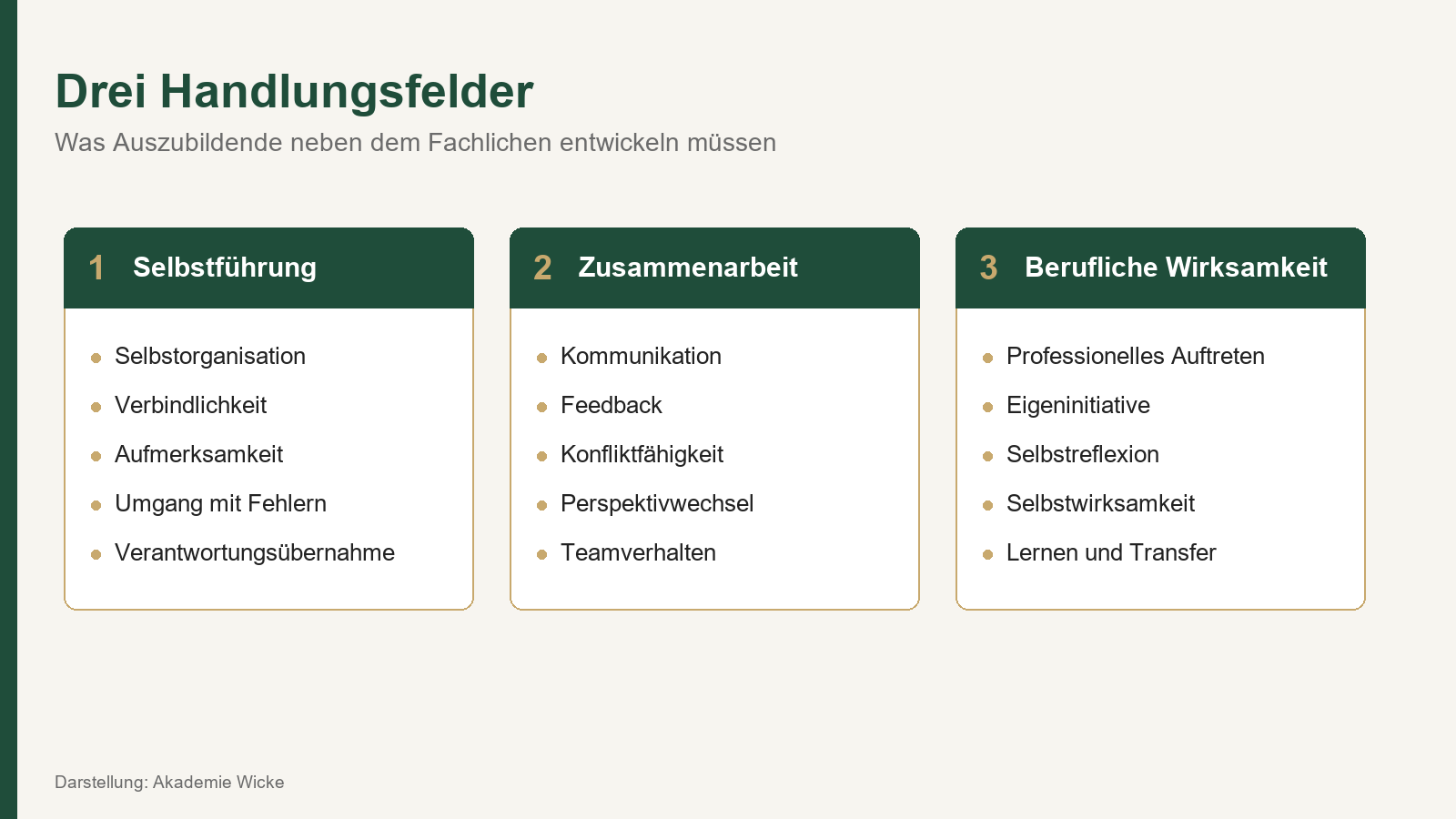 berufliche handlungsfaehigkeit in drei handlungsfeldern: selbstfuehrung, zusammenarbeit und berufliche wirksamkeit