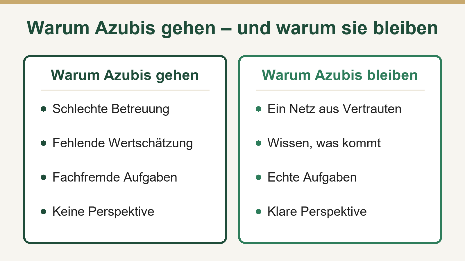 Gegenüberstellung warum azubis gehen (schlechte betreuung, fehlende wertschätzung, fachfremde aufgaben, keine perspektive) und warum sie bleiben (ein netz aus vertrauten, wissen was kommt, echte aufgaben, klare perspektive)